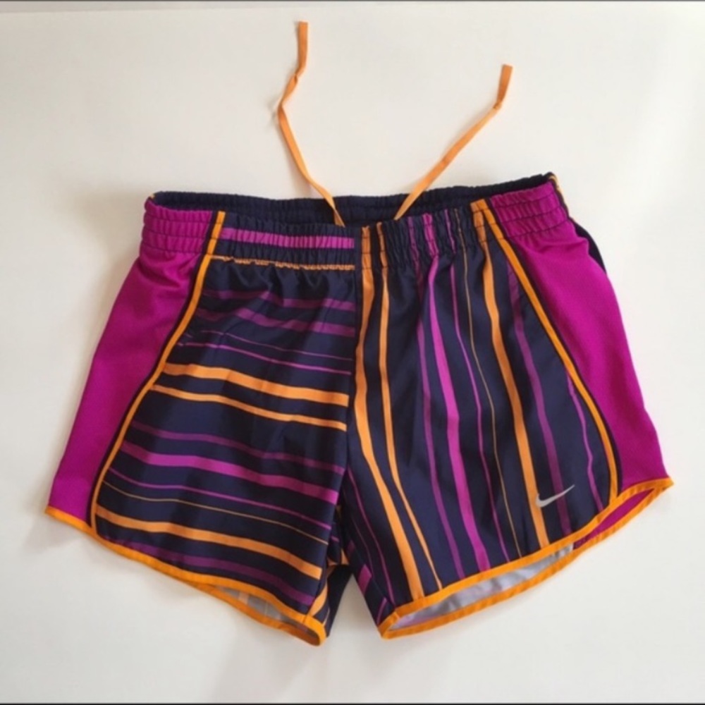 Nike women’s lined dri fit purple orange striped shorts size XS